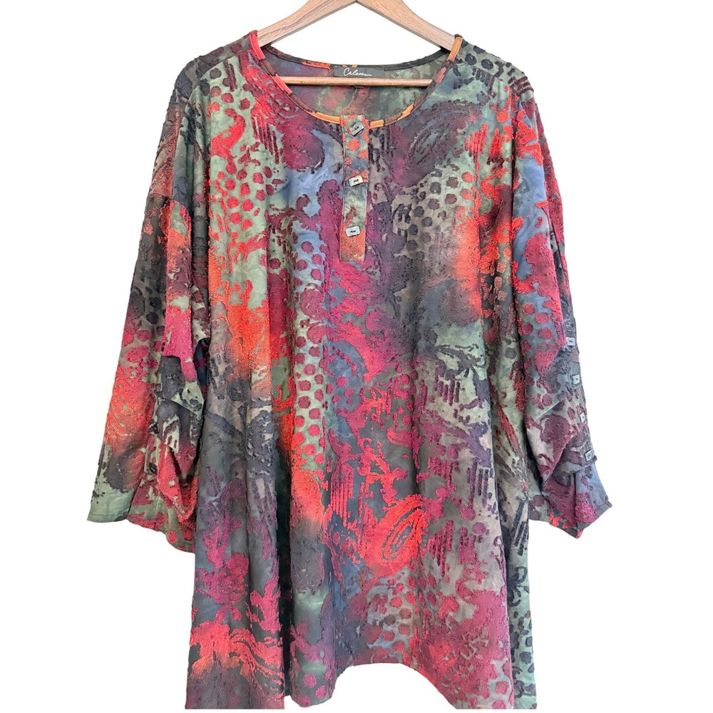 Calessa Rainbow Burnout Velvet‎ Tunic 3/4 Sleeve Size 1X Boho Artsy Lagenlook